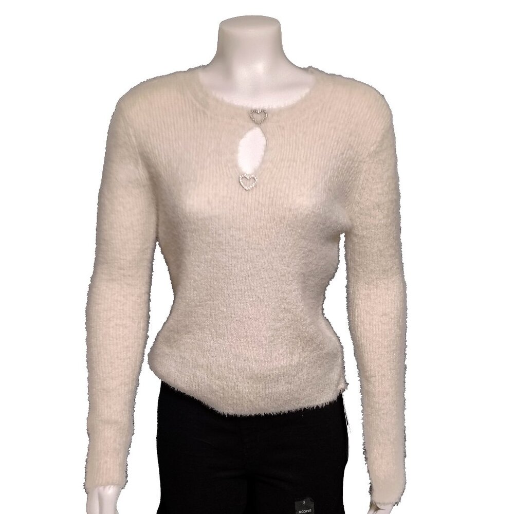 Planet Gold Juniors' Rhinestone Heart Eyelash-Knit Sweater - Egret